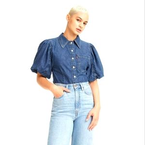 Women's Blue Denim Puff Sleeve Top